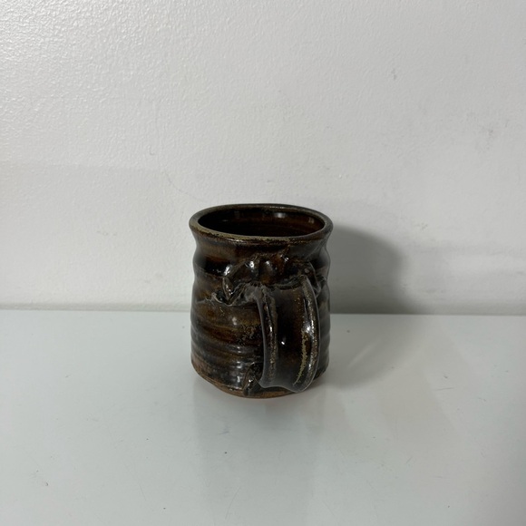 Handmade Wheel Thrown Pottery Mug Dark Chocolate Brown Glaze Funky Handle - Picture 2 of 8